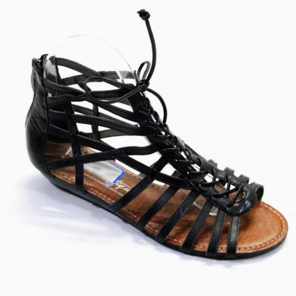 SE Boutique | Sam Edelman Black Leather Sandals mini wedge 7.5 37.5 zip - Picture 1 of 5